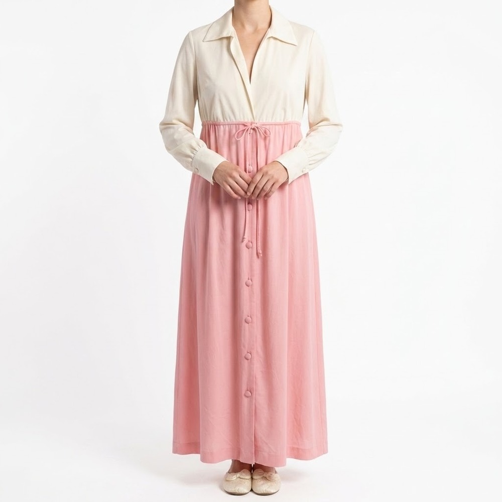 Vintage Vanity Fair Nightgown Women's Medium Pink Cream Spread Collar Tie Waist
